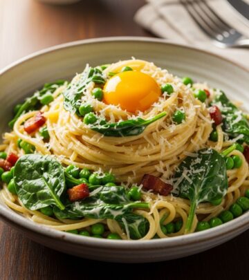 A quick 20-minute vegetarian pasta dish packed with peas, spinach, and creamy egg sauce for a nutritious family favorite.